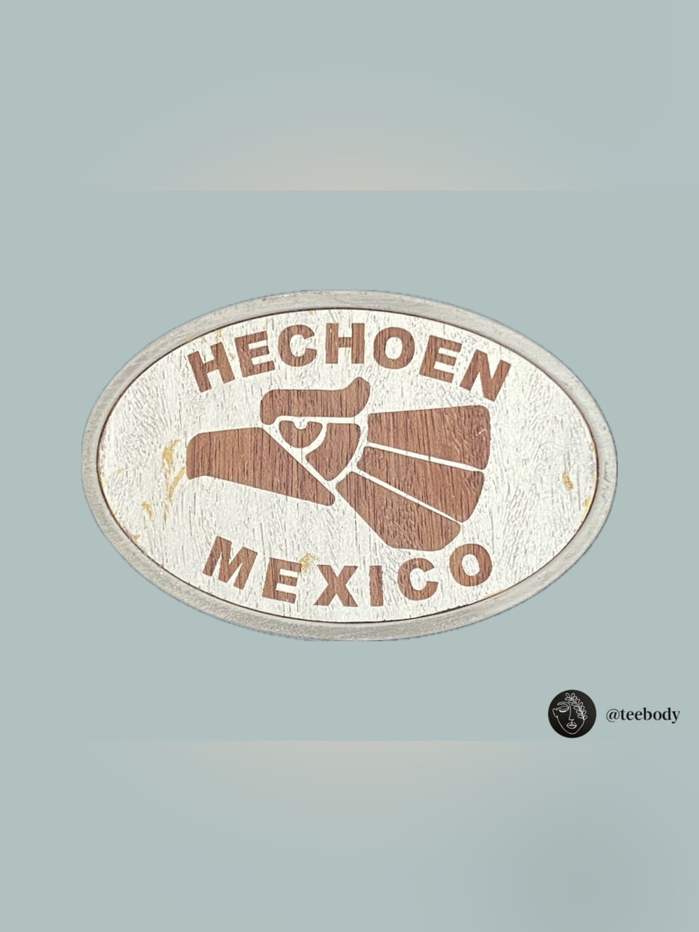VTG Hecho En Mexico Aztec Eagle Logo Wood Inlay Silver Oval Belt Buckle NWT